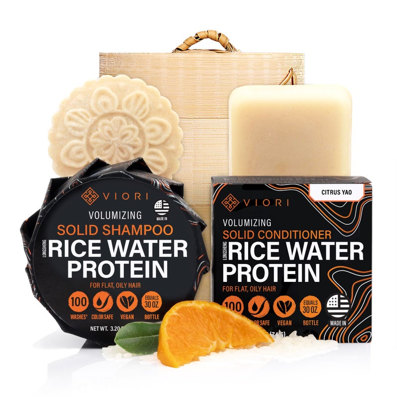 Viori Citrus Yao Shampoo and Conditioner Bar Set and Bamboo Holder - Made with Rice Water for Hair Growth - Handcrafted Sulfate Free Shampoo and Conditioner - Image 1