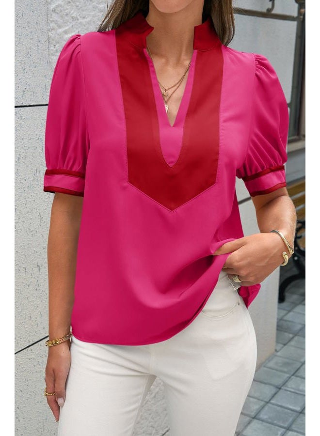 Cicy Bell Womens Color Blcok Puff Sleeve Blouses Summer Casual Dressy V Neck Tops Loose Fit Tee Shirts, Rose Red, L - Image 3