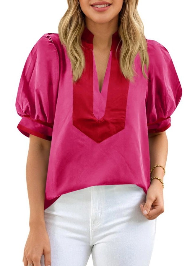 Cicy Bell Womens Color Blcok Puff Sleeve Blouses Summer Casual Dressy V Neck Tops Loose Fit Tee Shirts, Rose Red, L - Image 1