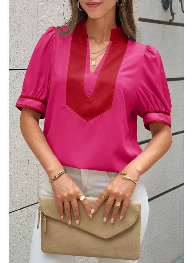 Cicy Bell Womens Color Blcok Puff Sleeve Blouses Summer Casual Dressy V Neck Tops Loose Fit Tee Shirts, Rose Red, L - Image 5