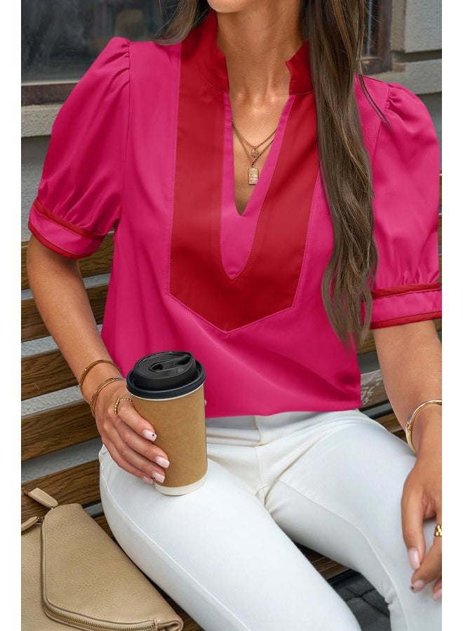 Cicy Bell Womens Color Blcok Puff Sleeve Blouses Summer Casual Dressy V Neck Tops Loose Fit Tee Shirts, Rose Red, L - Image 2