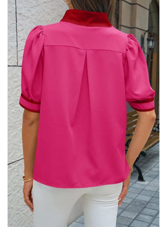 Cicy Bell Womens Color Blcok Puff Sleeve Blouses Summer Casual Dressy V Neck Tops Loose Fit Tee Shirts, Rose Red, L - Image 4