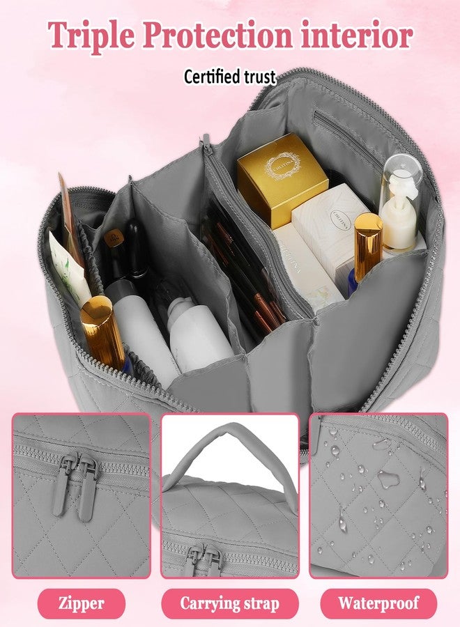 XSMNER Travel Makeup Bag, Festivalment Wide Open Lay-Flat Water-Resistant Cosmetic Case, Puffy Padded Organizer for Toiletries & Brushes Large Capacity with Compartments (Grey) - Image 2