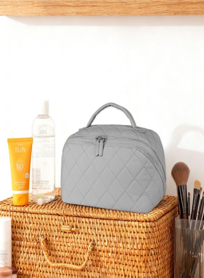 XSMNER Travel Makeup Bag, Festivalment Wide Open Lay-Flat Water-Resistant Cosmetic Case, Puffy Padded Organizer for Toiletries & Brushes Large Capacity with Compartments (Grey) - Image 5