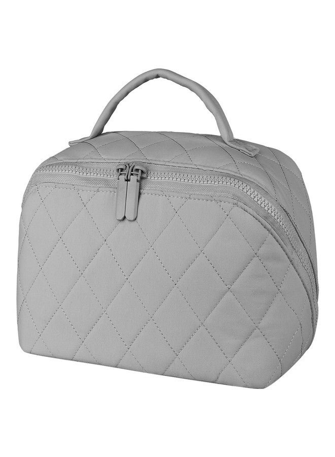 XSMNER Travel Makeup Bag, Festivalment Wide Open Lay-Flat Water-Resistant Cosmetic Case, Puffy Padded Organizer for Toiletries & Brushes Large Capacity with Compartments (Grey) - Image 1