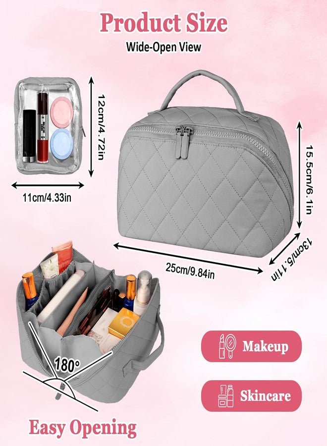 XSMNER Travel Makeup Bag, Festivalment Wide Open Lay-Flat Water-Resistant Cosmetic Case, Puffy Padded Organizer for Toiletries & Brushes Large Capacity with Compartments (Grey) - Image 4