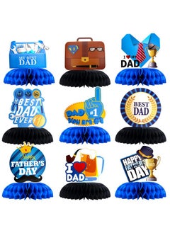 HOWAF Happy Father'S Day Party Decorations Honeycomb Centerpieces, 9 Pieces Blue Gold Fathers Day Table Centerpieces Best Dad Table Toppers Paper Cutout For Dad'S Day Table Photo Props  - Image 1