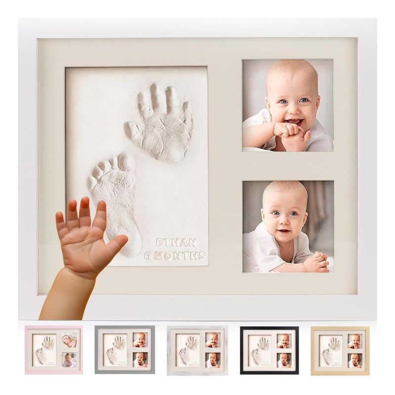 Bubzi Co Baby Hand & Footprint Kit, Clay Handprint Keepsake Frame, Newborn Nursery Picture Frames, Hand Print Mold Kit, Personalized New Mom Gifts for Baby Shower & Registry (Fresh White) - Image 1