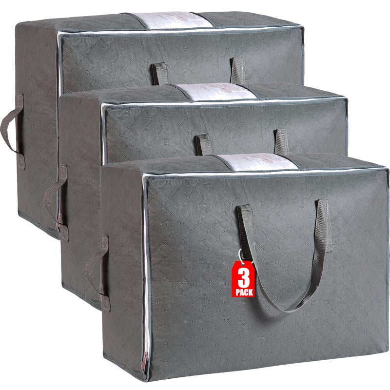 MKOKYD 105L Extra Large Storage Bags for Blankets, King Comforters, Bedding, Clothes, Pillows, Sheets - Closet Organizers and Storage with 4 Handles & Clear Window, Foldable & Breathable (Grey, 3pack) - Image 1