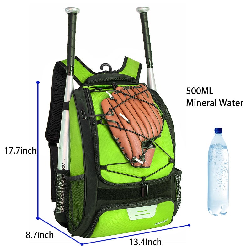 DAFISKY Baseball Bag Softball Backpack - Youth Adult T Ball Bat Equipment Bag with Bat and Helmet Holders, Shoe Compartment and Hook, Green - Image 2