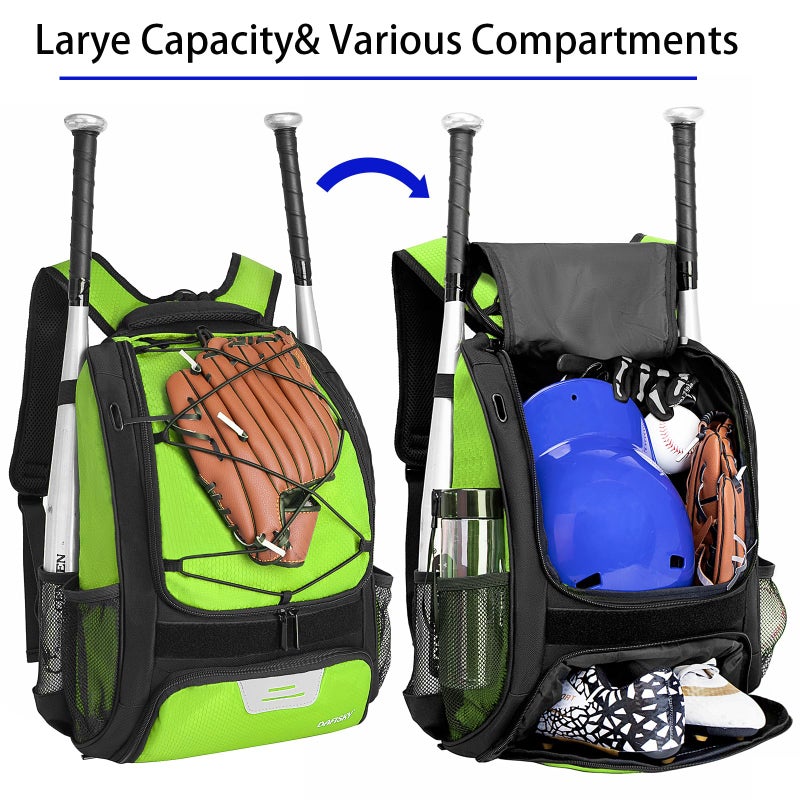 DAFISKY Baseball Bag Softball Backpack - Youth Adult T Ball Bat Equipment Bag with Bat and Helmet Holders, Shoe Compartment and Hook, Green - Image 3
