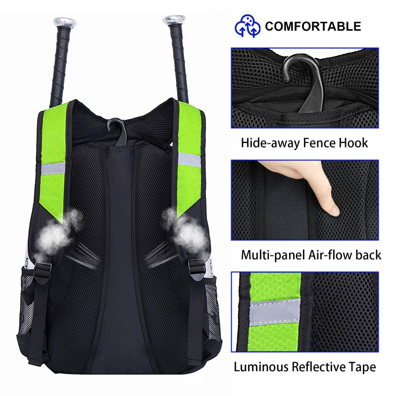 DAFISKY Baseball Bag Softball Backpack - Youth Adult T Ball Bat Equipment Bag with Bat and Helmet Holders, Shoe Compartment and Hook, Green - Image 5