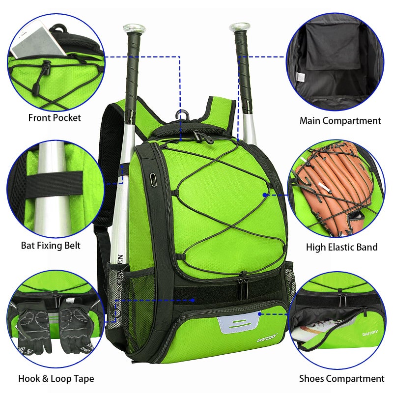 DAFISKY Baseball Bag Softball Backpack - Youth Adult T Ball Bat Equipment Bag with Bat and Helmet Holders, Shoe Compartment and Hook, Green - Image 4