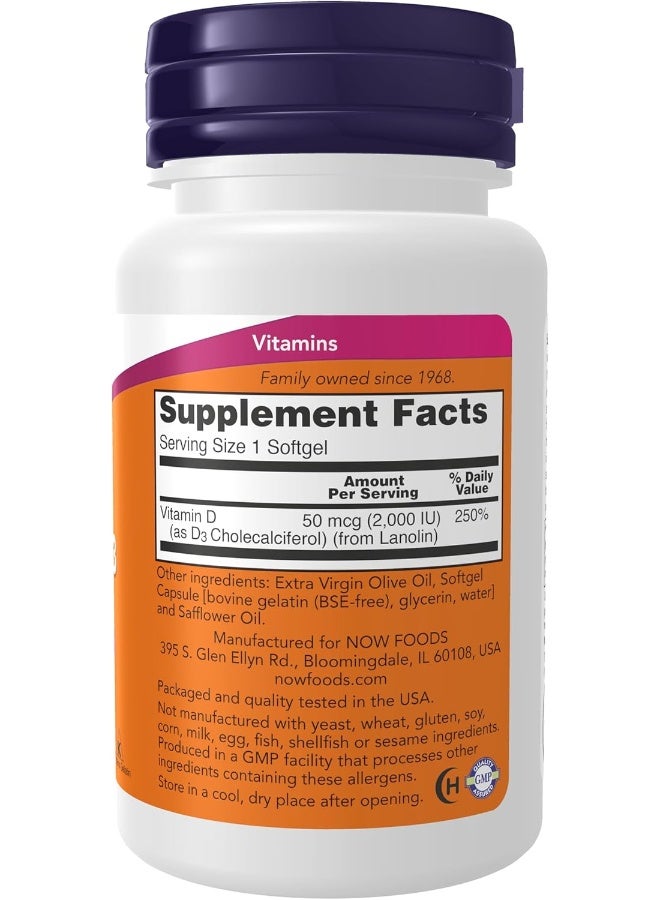 Now Foods Vitamin D-3 2000 IU, 120 Softgels - Image 2