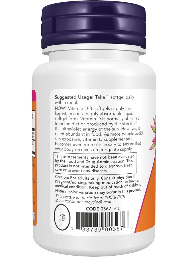 Now Foods Vitamin D-3 2000 IU, 120 Softgels - Image 3