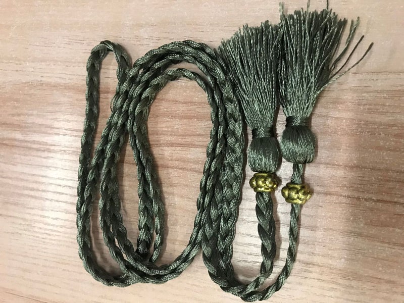 Braided Tassel Belt Ladies Skinny Butterfly Knot Army Green Gold Beads 