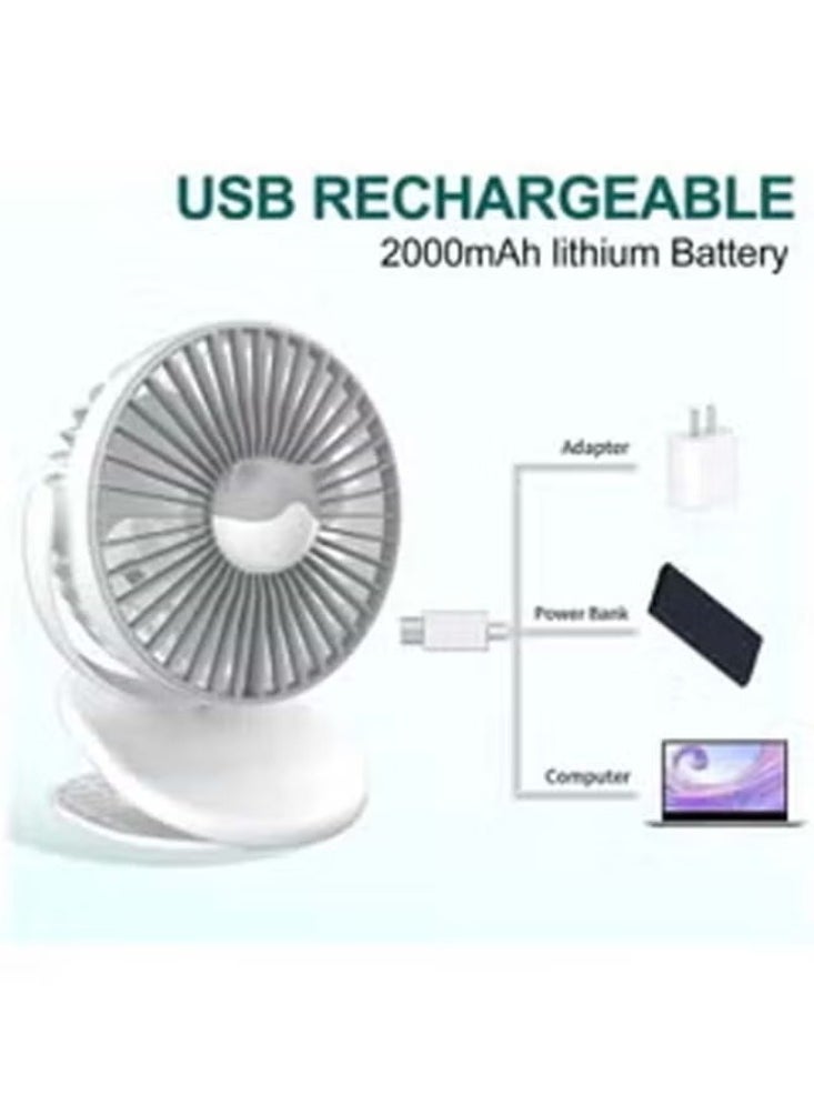 Generic - Rechargeable Clip Fan Portable Fans USB Desktop 3 Speed Quiet Household Table Fans with light Personal Suitable for Home Office Dorm Baby Stroller kitchen Car Treadmills (White) - Image 1