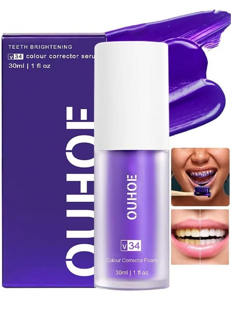 OUHOE Purple Teeth Whitening Toothpaste Serum Stain Remover for Coffee Yellow Teeth Brightening 30ML - Image 1