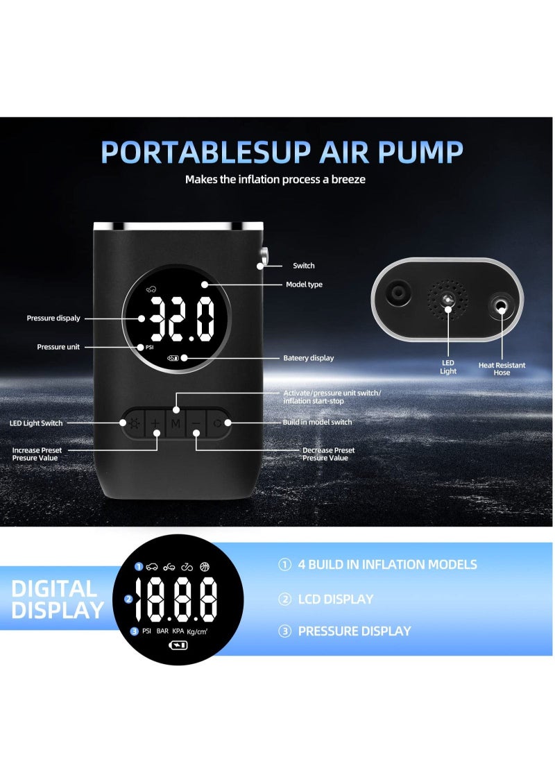 SYOSI Portable Tyre Inflator, Cordless Air Compressor, Rechargeable 150PSI Auto-Off Pump with LED Lights, Digital Gauge for Accurate Pressure Readings Car/Motorcycle/Ball/Bike (Black) - Image 2