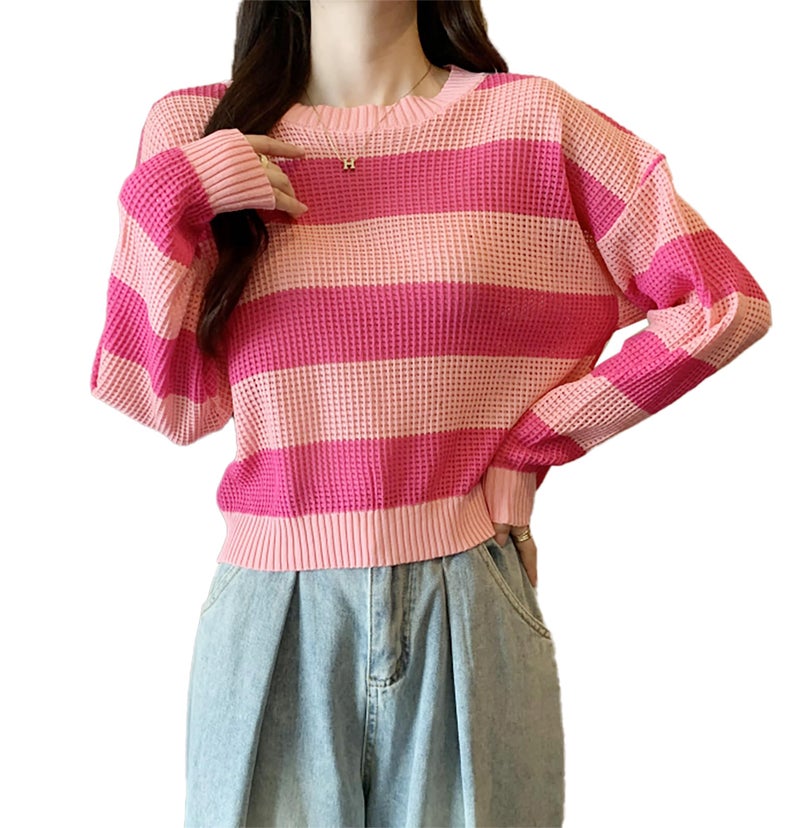 ICW Acrylic Women's Knitted Hollow Out Color Block Long Sleeve Stripe Pullover Top T-Shirt Dn65 (in, Alpha, Free Size, Regular, Pink) - Image 2