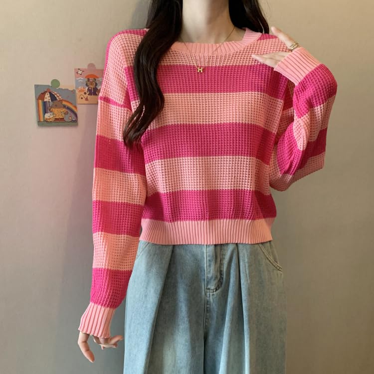 ICW Acrylic Women's Knitted Hollow Out Color Block Long Sleeve Stripe Pullover Top T-Shirt Dn65 (in, Alpha, Free Size, Regular, Pink) - Image 3
