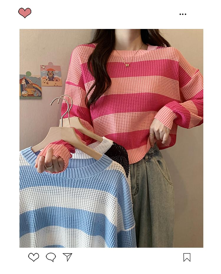 ICW Acrylic Women's Knitted Hollow Out Color Block Long Sleeve Stripe Pullover Top T-Shirt Dn65 (in, Alpha, Free Size, Regular, Pink) - Image 4