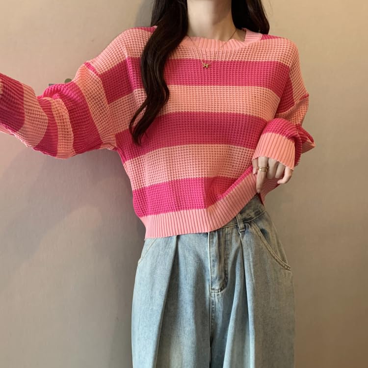 ICW Acrylic Women's Knitted Hollow Out Color Block Long Sleeve Stripe Pullover Top T-Shirt Dn65 (in, Alpha, Free Size, Regular, Pink) - Image 5