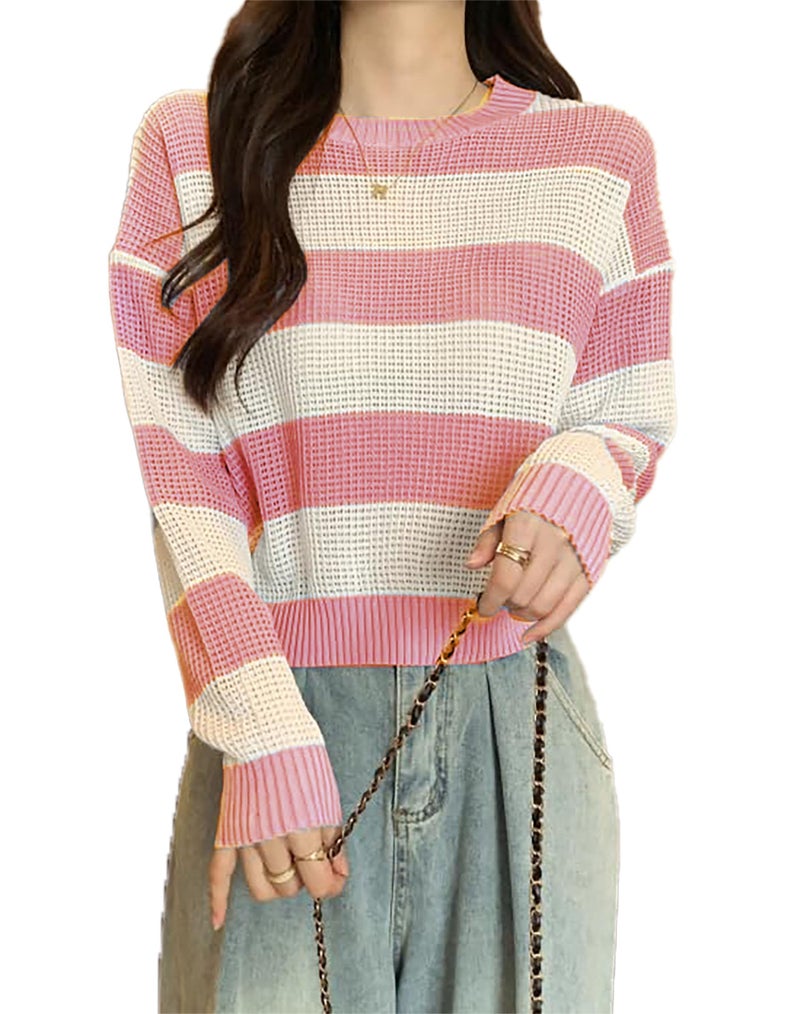 ICW Acrylic Women's Knitted Hollow Out Color Block Long Sleeve Stripe Pullover Top T-Shirt Dn65 (in, Alpha, Free Size, Regular, Pink) - Image 1