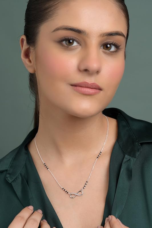 Clara 925 Sterling Silver Avani Infinity Mangalsutra Tanmaniya Pendant With Black Beads Chain | Platinum Plated, Swiss Zirconia | Gift for Women - Image 3