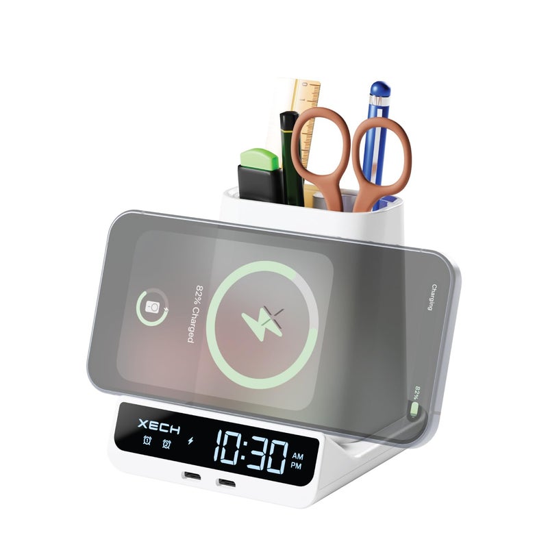 Xech ساعة منبه رقمية للنائمين بعمق | شاحن لاسلكي سريع 15 واط ومنافذ إخراج مزدوجة USB-C | إدخال سلكي Type-C | هدايا سانتا السرية لزملاء المكتب | صنع في الهند (أبيض، كويست ماكس) - Image 1