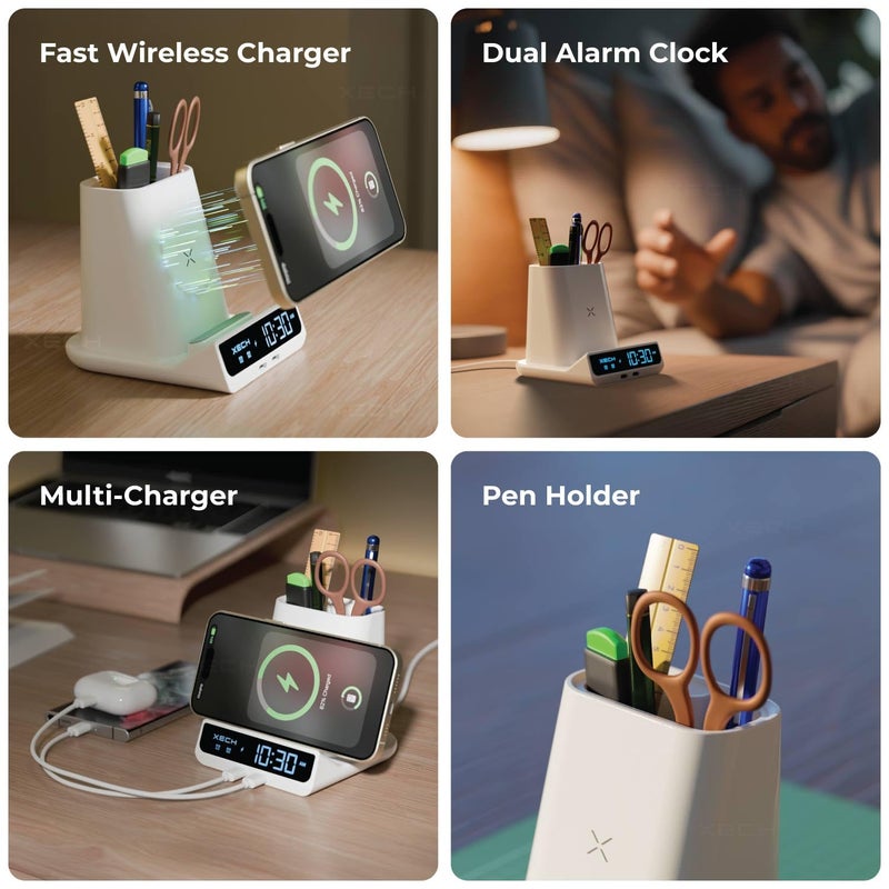 Xech ساعة منبه رقمية للنائمين بعمق | شاحن لاسلكي سريع 15 واط ومنافذ إخراج مزدوجة USB-C | إدخال سلكي Type-C | هدايا سانتا السرية لزملاء المكتب | صنع في الهند (أبيض، كويست ماكس) - Image 2
