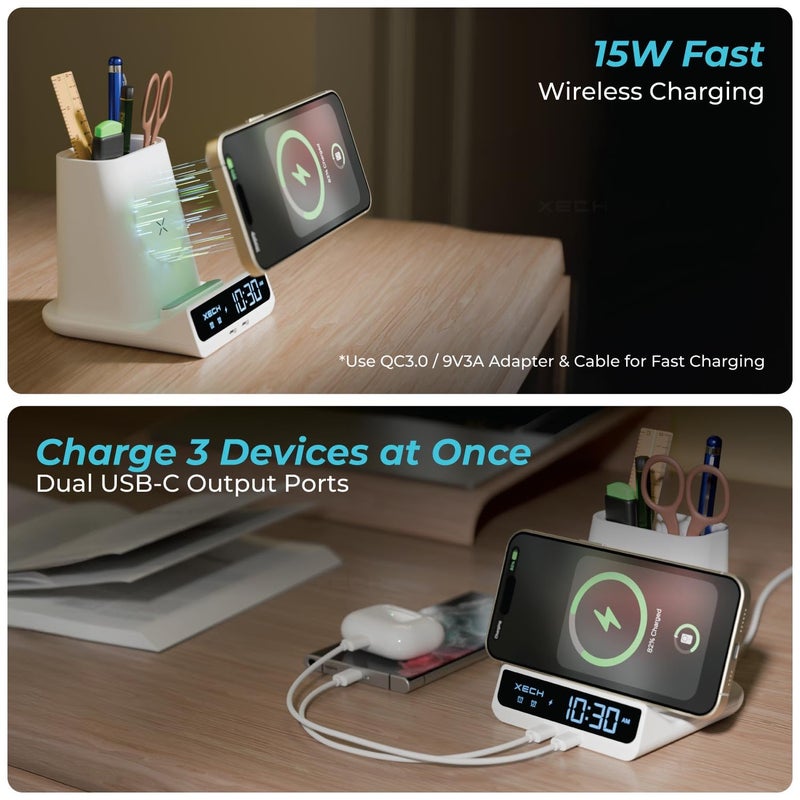 Xech ساعة منبه رقمية للنائمين بعمق | شاحن لاسلكي سريع 15 واط ومنافذ إخراج مزدوجة USB-C | إدخال سلكي Type-C | هدايا سانتا السرية لزملاء المكتب | صنع في الهند (أبيض، كويست ماكس) - Image 3