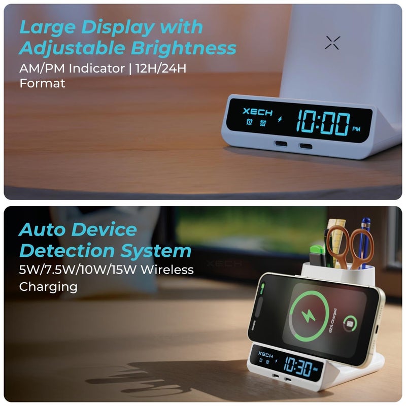 Xech ساعة منبه رقمية للنائمين بعمق | شاحن لاسلكي سريع 15 واط ومنافذ إخراج مزدوجة USB-C | إدخال سلكي Type-C | هدايا سانتا السرية لزملاء المكتب | صنع في الهند (أبيض، كويست ماكس) - Image 4