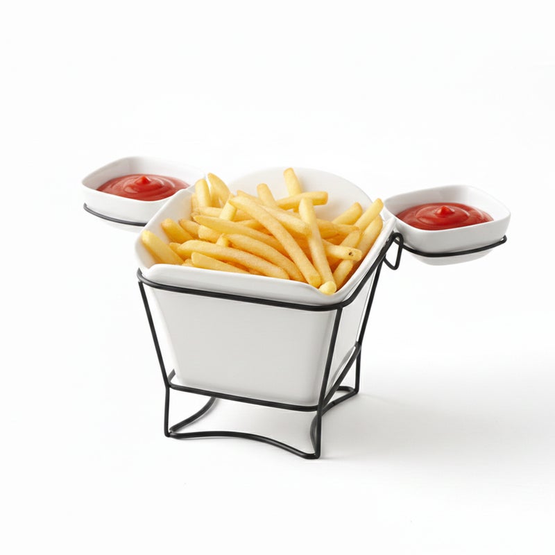 Shallow White Porcelain French Fries Holder with Stand & 2 Dip Bowls  17cm Fries Cup with 8cm Sauce Dishes | Modern Snack Server for Hosting, Parties, Coffee Table, Gifting & Entertaining - Image 2