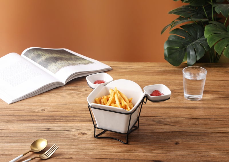 Shallow White Porcelain French Fries Holder with Stand & 2 Dip Bowls  17cm Fries Cup with 8cm Sauce Dishes | Modern Snack Server for Hosting, Parties, Coffee Table, Gifting & Entertaining - Image 5