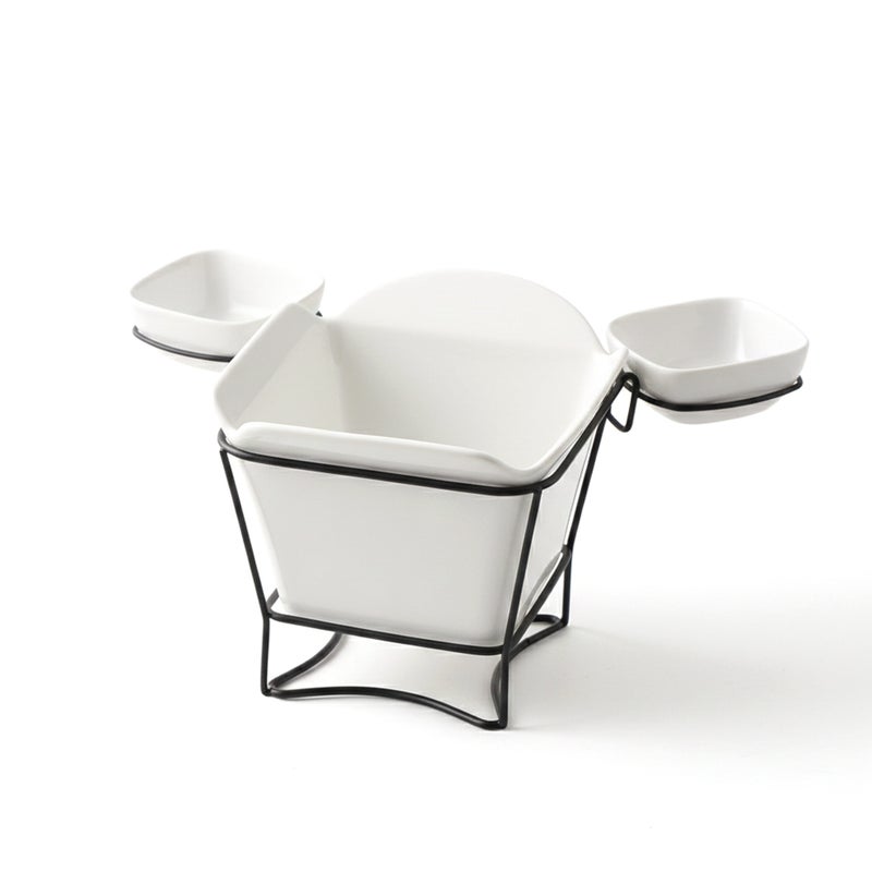 Shallow White Porcelain French Fries Holder with Stand & 2 Dip Bowls  17cm Fries Cup with 8cm Sauce Dishes | Modern Snack Server for Hosting, Parties, Coffee Table, Gifting & Entertaining - Image 1