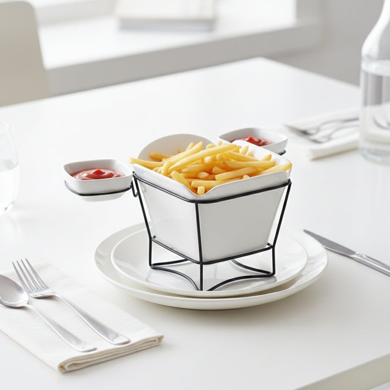 Shallow White Porcelain French Fries Holder with Stand & 2 Dip Bowls  17cm Fries Cup with 8cm Sauce Dishes | Modern Snack Server for Hosting, Parties, Coffee Table, Gifting & Entertaining - Image 3