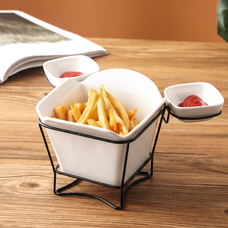 Shallow White Porcelain French Fries Holder with Stand & 2 Dip Bowls  17cm Fries Cup with 8cm Sauce Dishes | Modern Snack Server for Hosting, Parties, Coffee Table, Gifting & Entertaining - Image 4