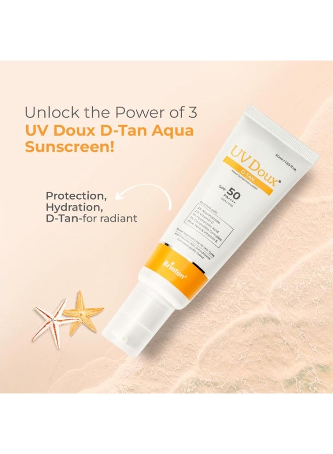 UV Doux D-Tan Aqua Sunscreen Lotion SPF 50 PA++++ | With Niacinamide, Vitamin C, Hyaluronic Acid, Ceramide, Aloe Vera & Vitamin E | Broad Spectrum | Benzene-Free | For Dry & Sensitive Skin | 50 ml - Image 2