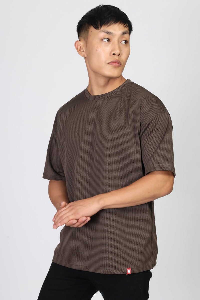SHODOX® Men Oversized T Shirt Solid Dotted Design | Round Neck Loose Fit Drop Shoulder Casual T-Shirt for Men Coffee Brown - Image 4