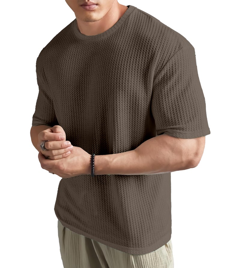 SHODOX® Men Oversized T Shirt Solid Dotted Design | Round Neck Loose Fit Drop Shoulder Casual T-Shirt for Men Coffee Brown - Image 1