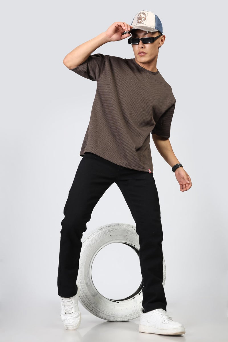 SHODOX® Men Oversized T Shirt Solid Dotted Design | Round Neck Loose Fit Drop Shoulder Casual T-Shirt for Men Coffee Brown - Image 3