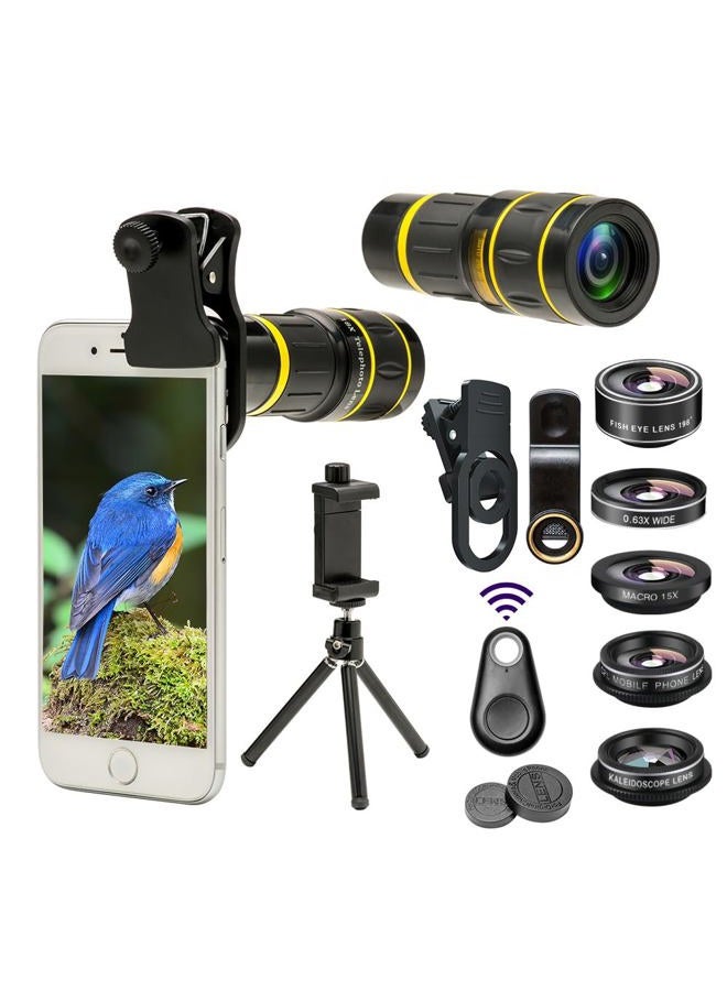 Godefa Cell Phone Camera Lens with Tripod+ Shutter Remote,6 in 1 18x Telephoto Zoom Lens/Wide Angle/Macro/Fisheye/Kaleidoscope/CPL, Clip-On lense Compatible for iPhone X 8 7 6s Plus, Samsung and More - Image 1