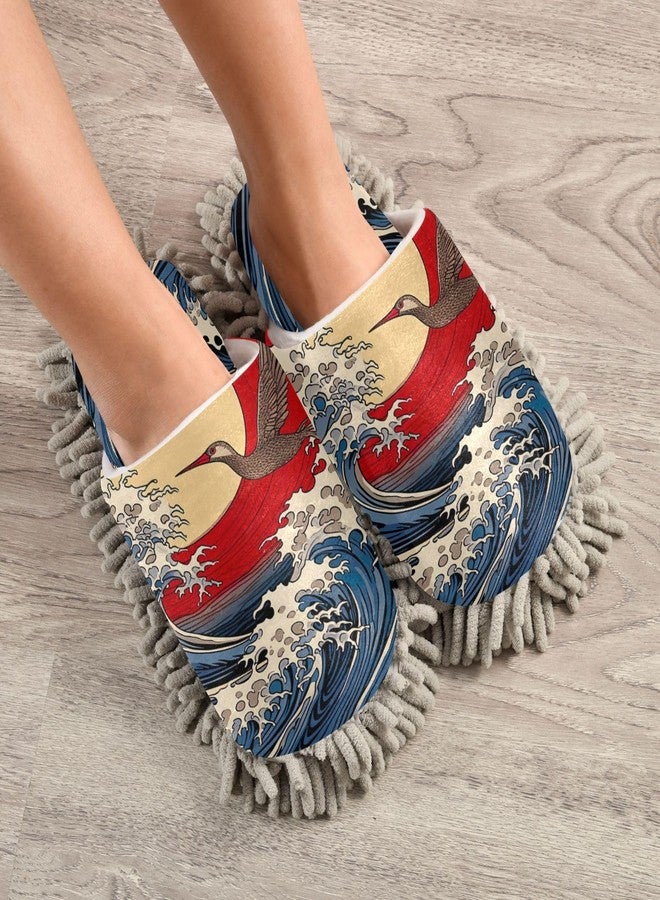 FLildon Microfiber Cleaning Slippers Japanese Sea Wave Washable Mop Shoes Slipper for Men/Women House Floor Dust Cleaner, Size L - Image 4