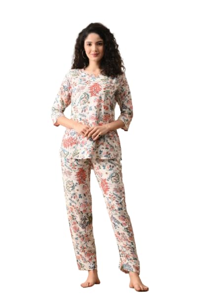 Ichaa Women's Rayon White Jungle Printed Top and Pyjama Night Wear Night Suit or Lounge Wear Set - Image 1