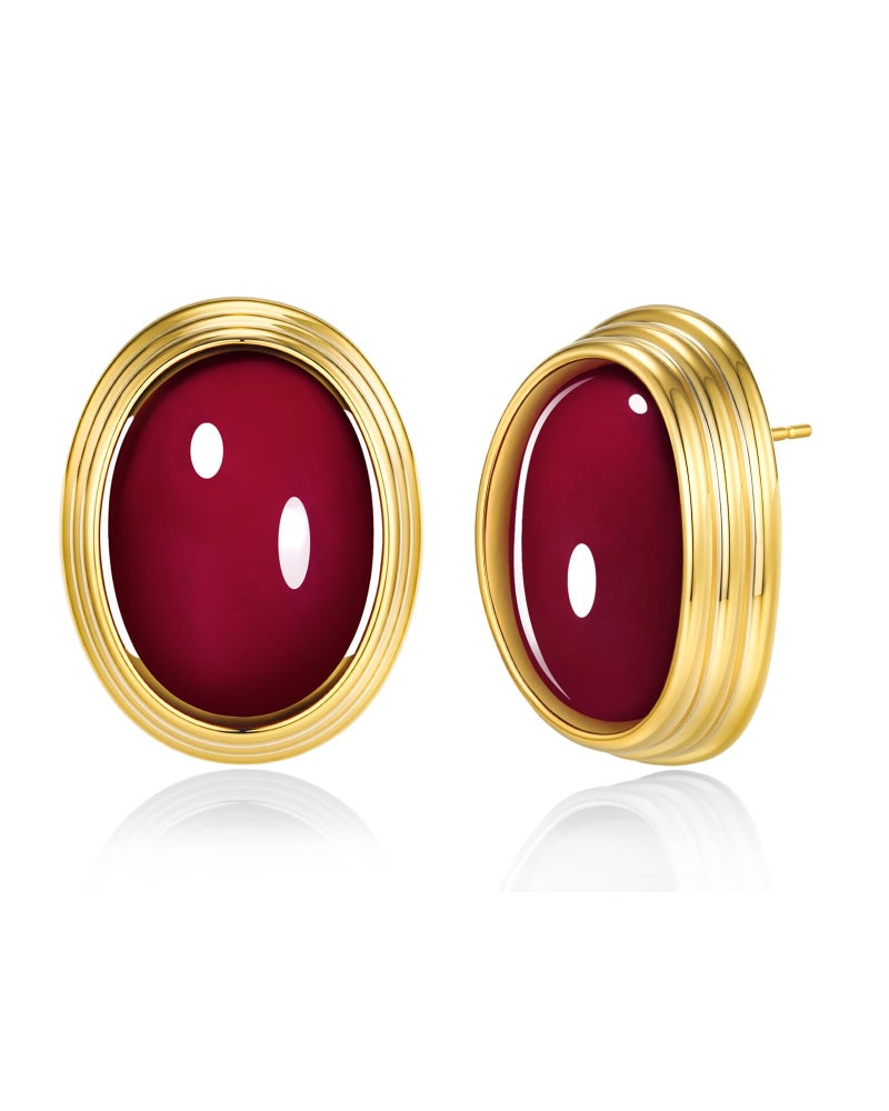 SNGIA18K Gold Plated Burgundy Maroon Red Carnelian Round Oval Ribbed Button Chunky Statement Earrings for Women by SNGIA, Bold Handmade Exaggerated Dome Retro Rounded Button Trendy Bohemian Gemstone Stud Jewelry Gifts, Unique Vintage Baroque Stone Summer Beach Fashion Earrings Accessories, Thick Circular Nickle Free Huggies Earrings. - Image 1