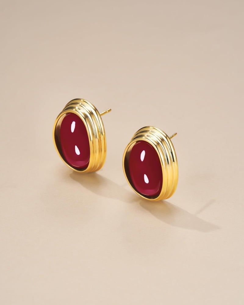 SNGIA18K Gold Plated Burgundy Maroon Red Carnelian Round Oval Ribbed Button Chunky Statement Earrings for Women by SNGIA, Bold Handmade Exaggerated Dome Retro Rounded Button Trendy Bohemian Gemstone Stud Jewelry Gifts, Unique Vintage Baroque Stone Summer Beach Fashion Earrings Accessories, Thick Circular Nickle Free Huggies Earrings. - Image 3