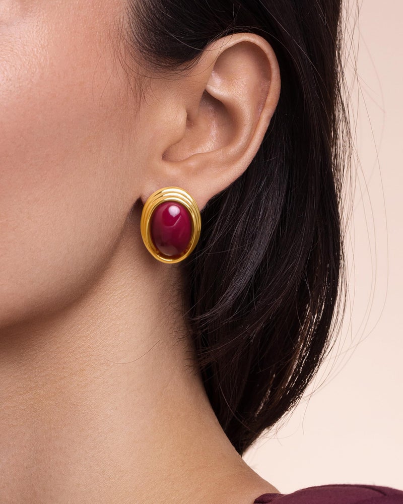SNGIA18K Gold Plated Burgundy Maroon Red Carnelian Round Oval Ribbed Button Chunky Statement Earrings for Women by SNGIA, Bold Handmade Exaggerated Dome Retro Rounded Button Trendy Bohemian Gemstone Stud Jewelry Gifts, Unique Vintage Baroque Stone Summer Beach Fashion Earrings Accessories, Thick Circular Nickle Free Huggies Earrings. - Image 4
