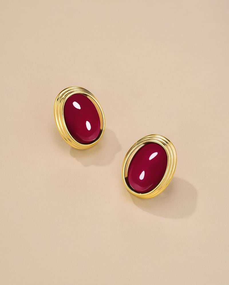 SNGIA18K Gold Plated Burgundy Maroon Red Carnelian Round Oval Ribbed Button Chunky Statement Earrings for Women by SNGIA, Bold Handmade Exaggerated Dome Retro Rounded Button Trendy Bohemian Gemstone Stud Jewelry Gifts, Unique Vintage Baroque Stone Summer Beach Fashion Earrings Accessories, Thick Circular Nickle Free Huggies Earrings. - Image 5