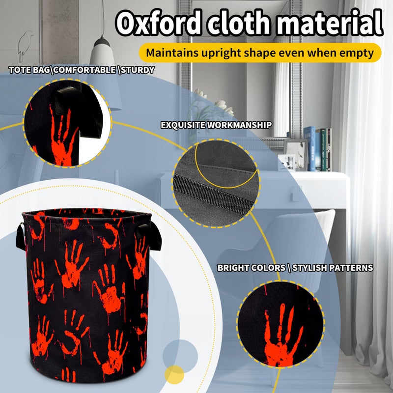 NUTAINLA Blood Spatter Hand Print Laundry Basket Blood Drop Pattern Foldable Oxford Cloth Funny Tote Bag Laundry Hamper Clothes Storage Bucket Organizer For Bathroom/Laundry/Bedroom 18.9x16.5in - Image 3